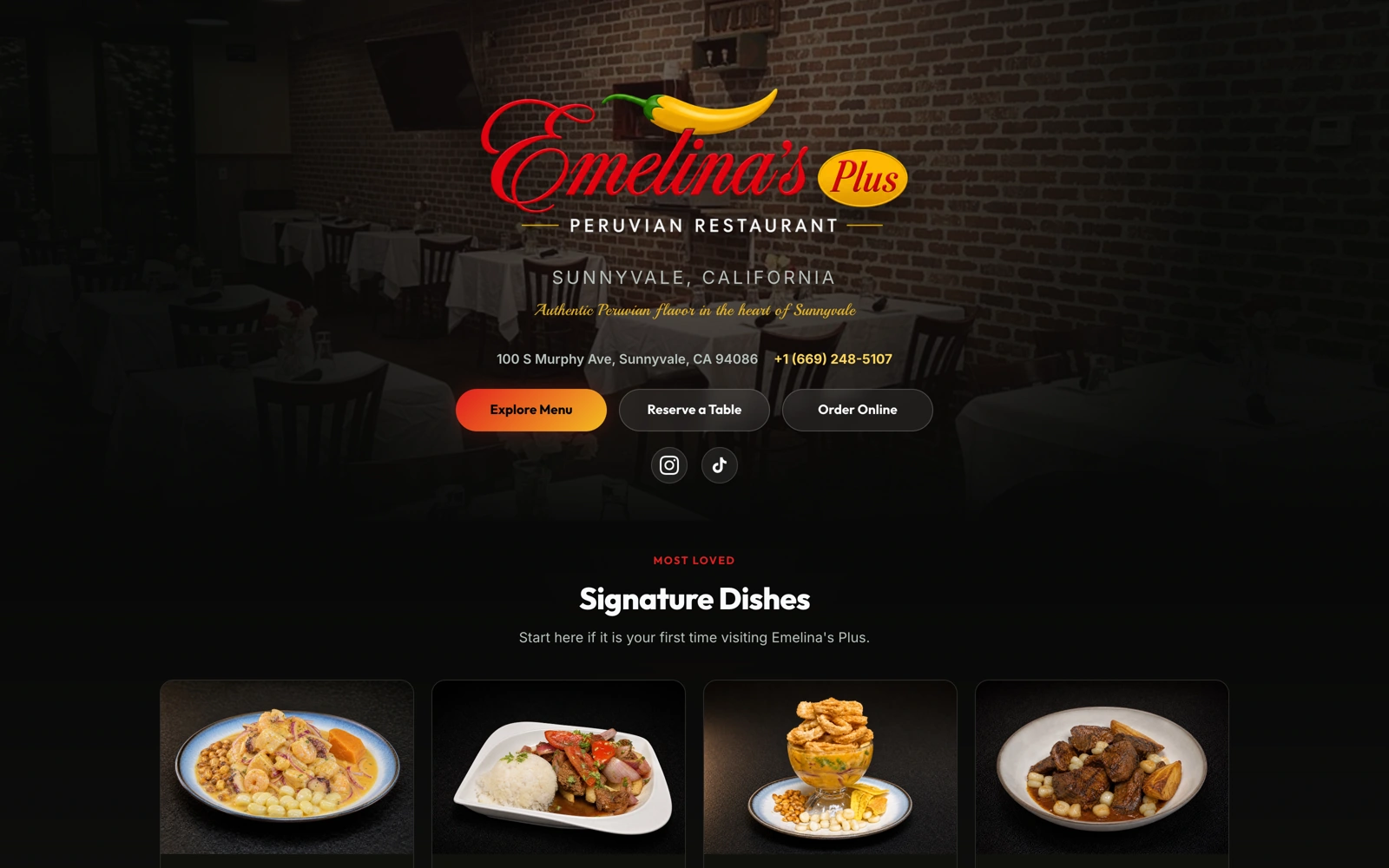Portada del sitio de Emelina's Plus: el logo sobre el interior del restaurante, con la direccion, el telefono y los platos mas pedidos debajo
